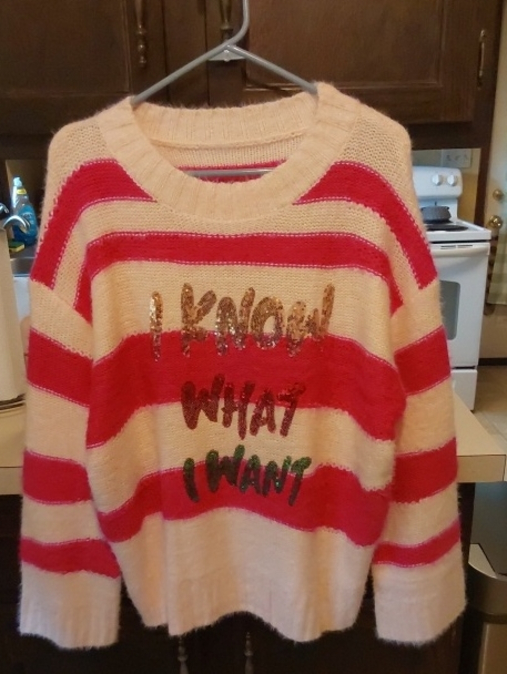 Holiday Women's Sweater with Sequin Text Light And Dk. Pink Colors